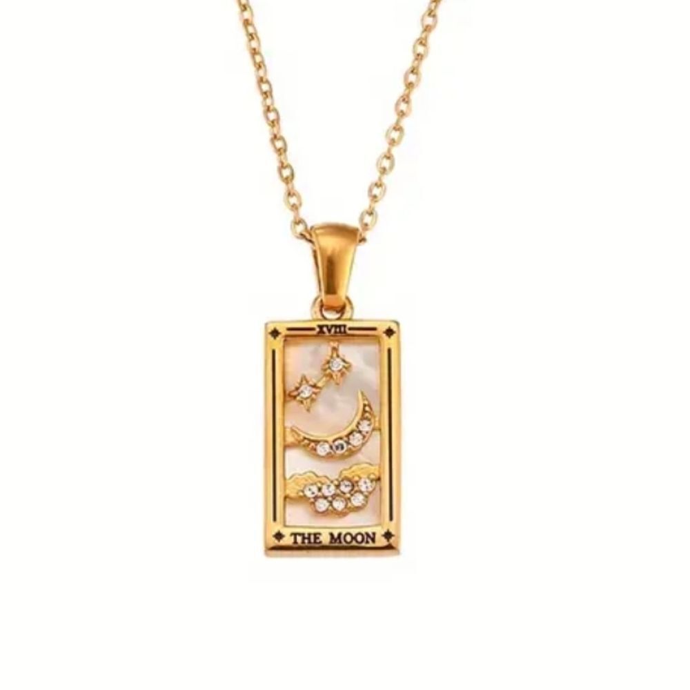 The Moon Tarot Card Pendant Necklace 18K Gold Enamel Rectangle Stainless…